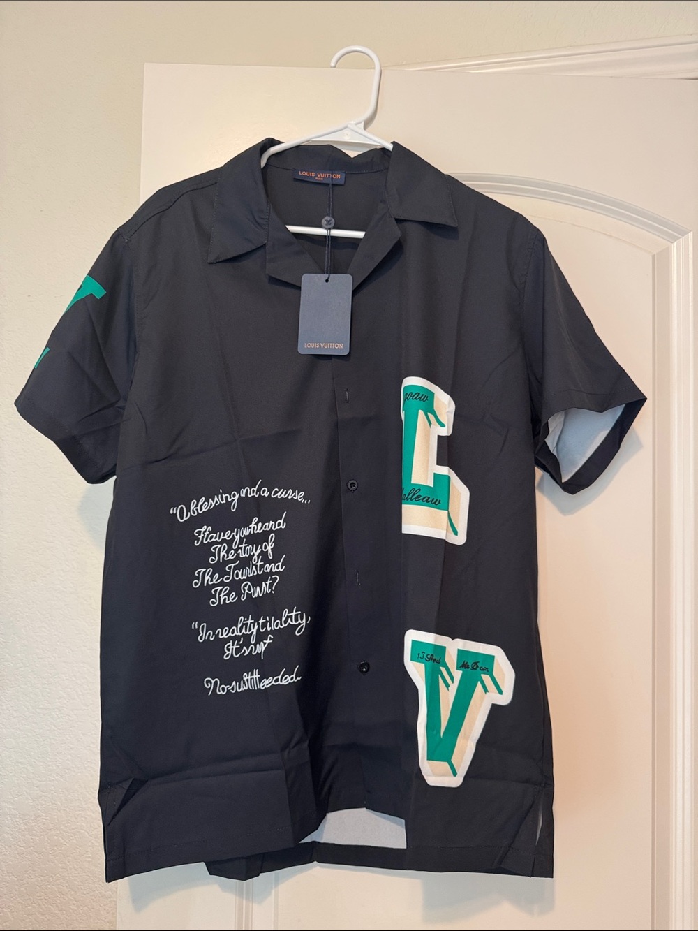 LV  Black Short-Sleeve Logo Patch Shirt with Teal and White Accents